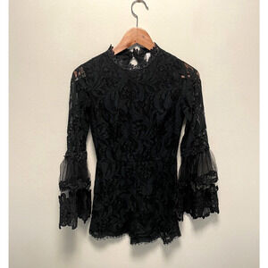 Womens Romper Small Black Floral Embroidered Lace Stretch Bell Sleeve Whimsigoth